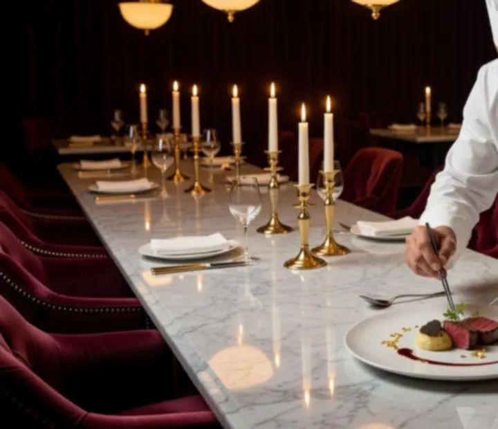 Séfünk egy elegáns gourmet fogást tálal porcelán tányéron, arany fényekkel megvilágítva.