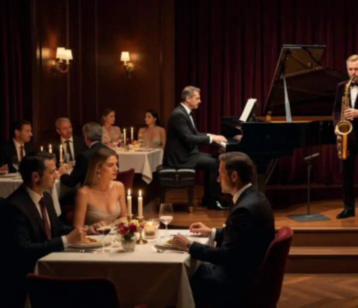 Élő jazz zenekar játszik félhomályos színpadon, elegáns vendégek gourmet vacsorát fogyasztanak.