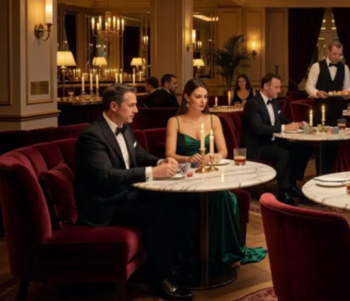 Luxus poker étterem márvány asztalokkal, bársonyszékekkel és arany fényekkel