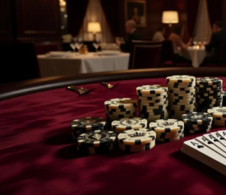Professzionális pokerasztal szimbolikus zsetonokkal, elegáns kártyákkal