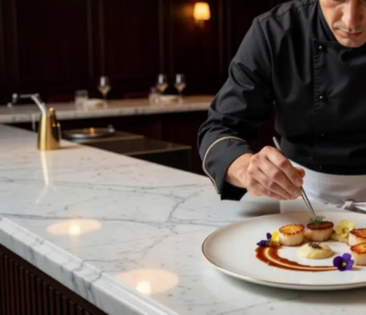 Séfünk fine dining fogást tálal, gourmet tányér a Programad Visor 24 éttermében