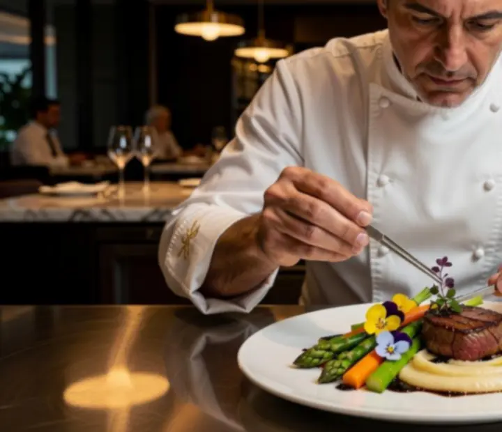 Séf gourmet fogást tálal elegáns porcelán tányéron