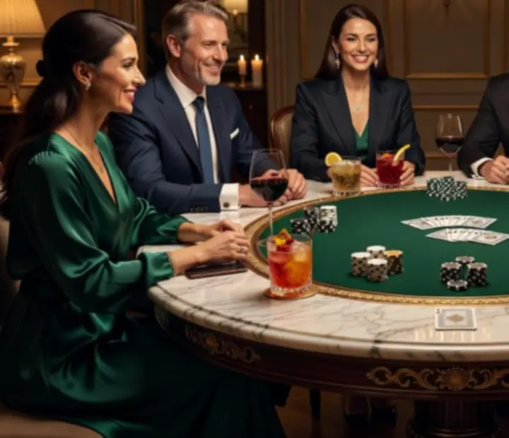 Elegáns poker asztal bársony székekkel és szimbolikus zsetonokkal, körülötte mosolygó vendégek italokkal.