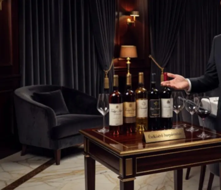 Sommelier prémium borválogatást mutat be a VIP szalon vendégeinek