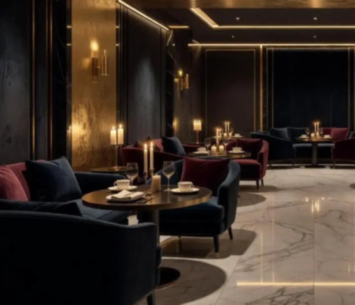 Luxus VIP lounge bársony ülőhelyekkel és arany fényekkel
