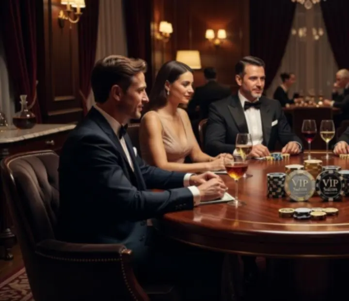 Exkluzív poker este VIP szalonban, elegáns pókerasztallal és szimbolikus zsetonokkal