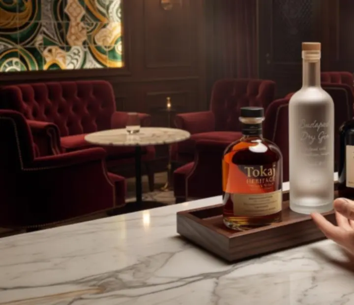 Prémium whisky, gin és rum válogatás üvegfal előtt, arany fényekben